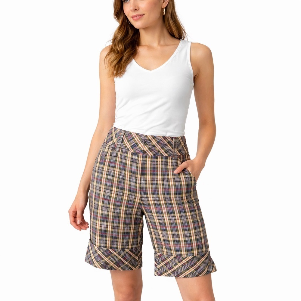 Trina Turk Cuffed Multicolored Plaid Bermuda Size 6